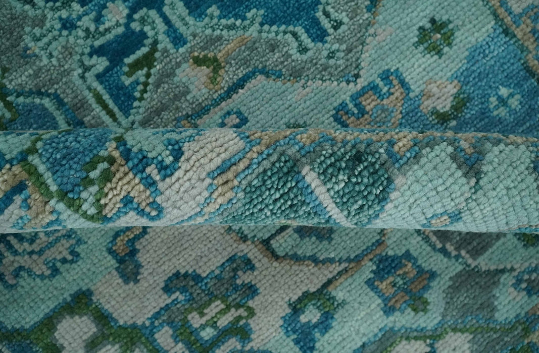 Custom Made Transitional Aqua and Ivory Hand Knotted Antique Style Traditional Wool Rug