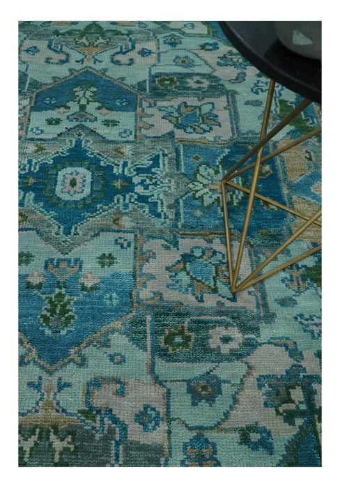 Custom Made Transitional Aqua and Ivory Hand Knotted Antique Style Traditional Wool Rug
