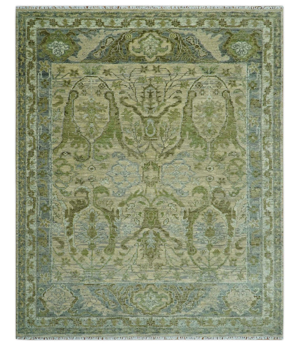 Custom Made Transitional Beige, Green and Blue Hand Knotted wool area rug