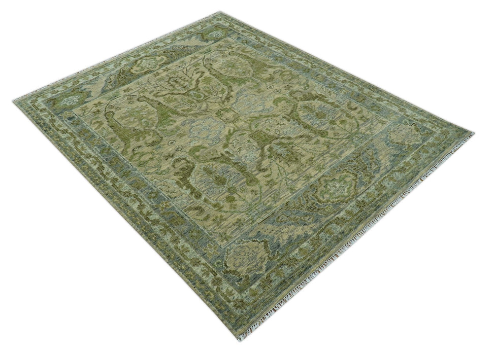 Custom Made Transitional Beige, Green and Blue Hand Knotted wool area rug