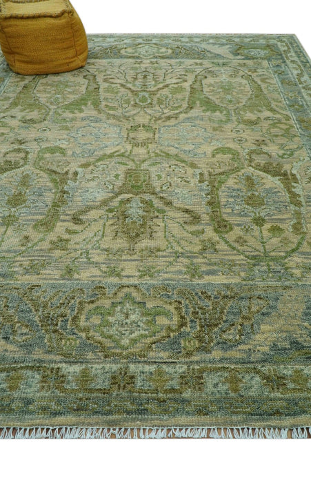 Custom Made Transitional Beige, Green and Blue Hand Knotted wool area rug