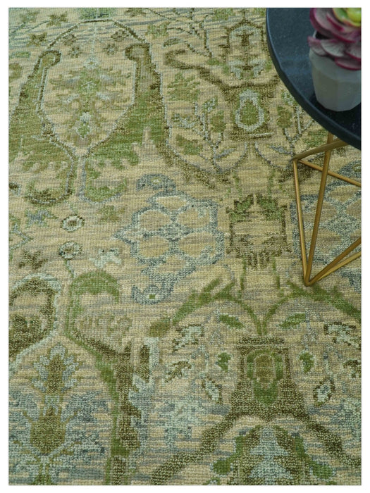 Custom Made Transitional Beige, Green and Blue Hand Knotted wool area rug