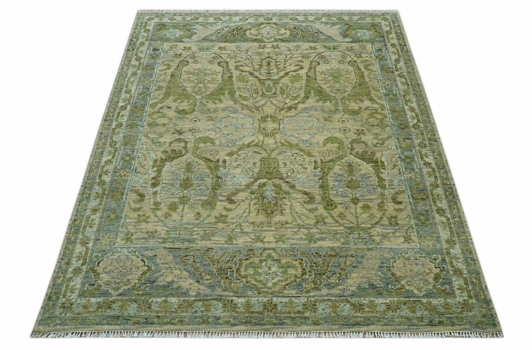 Custom Made Transitional Beige, Green and Blue Hand Knotted wool area rug