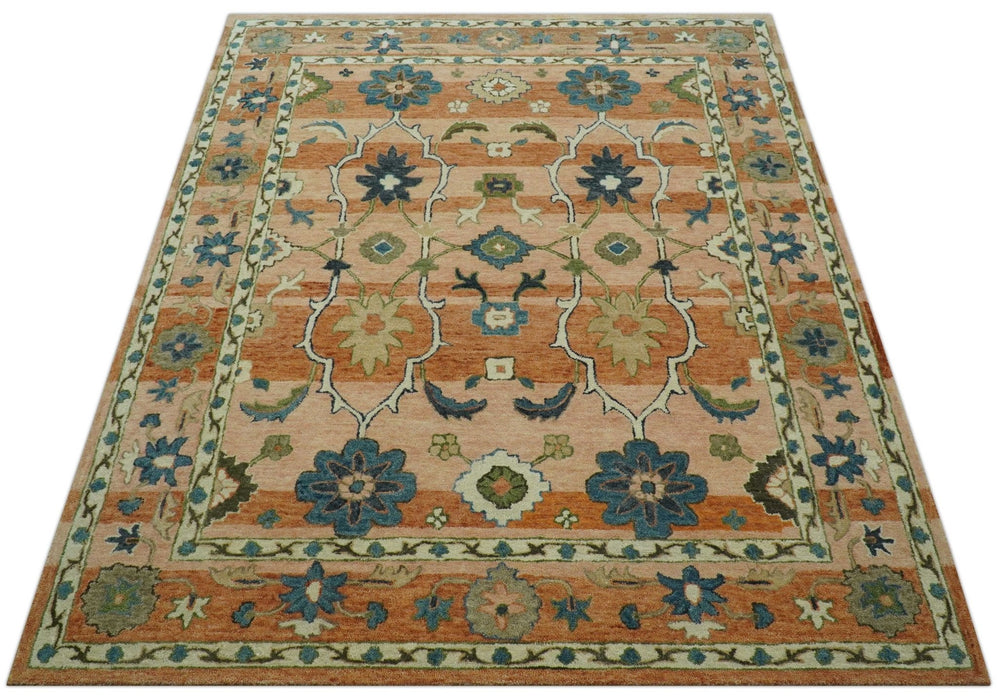 Custom Made Transitional Peach and Blue Hand Tufted Wool Area Rug