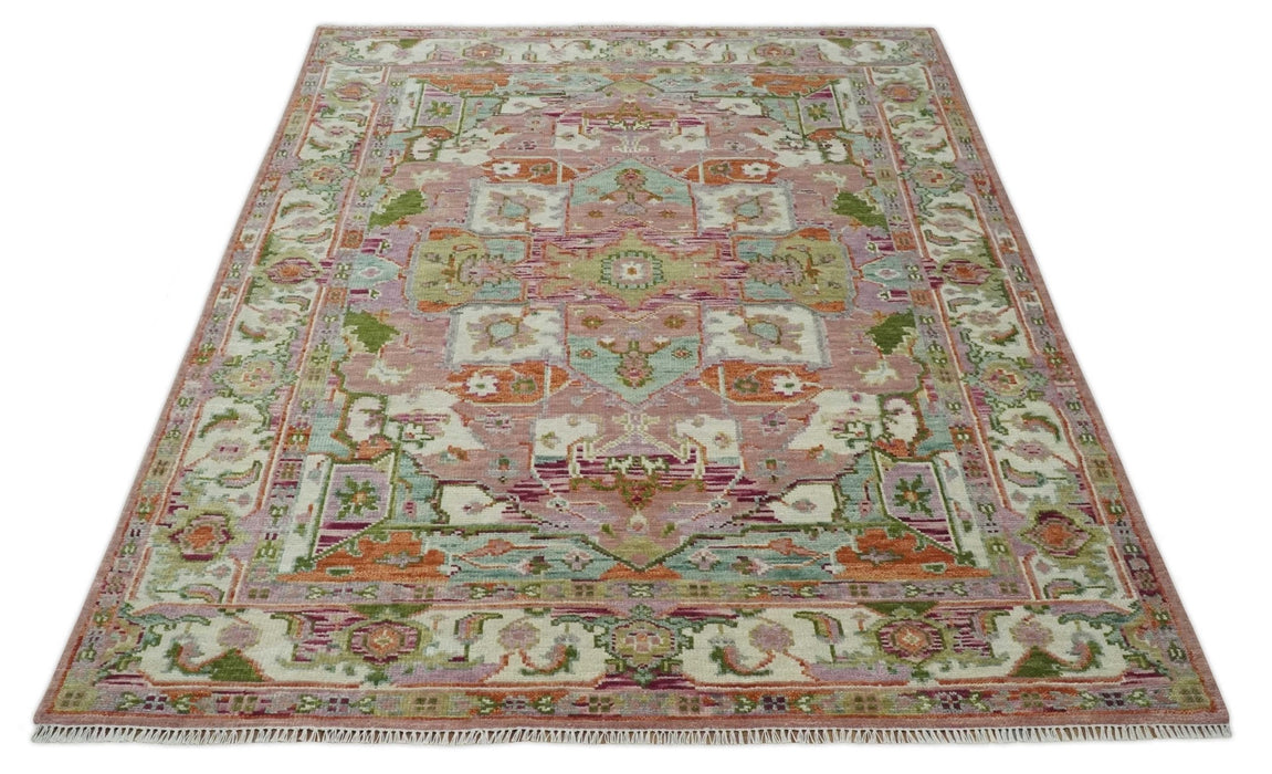 Custom Made Transitional Pink, Green and Ivory Turkish Design wool Area Rug