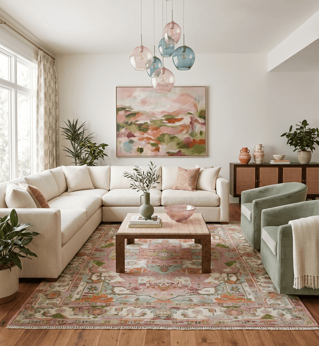Custom Made Transitional Pink, Green and Ivory Turkish Design wool Area Rug