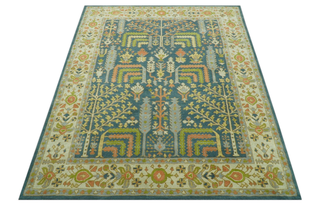 Custom Made Tree of Life Beige And Teal Floral Design Hand Tufted  Wool Area Rug