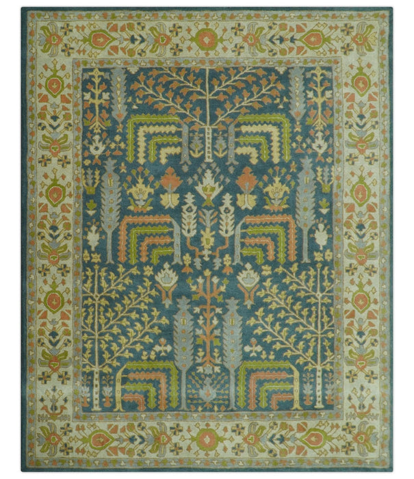 Custom Made Tree of Life Beige And Teal Floral Design Hand Tufted  Wool Area Rug