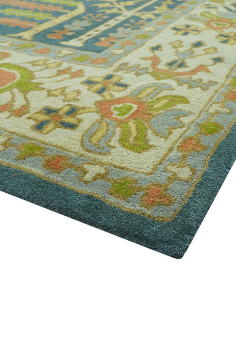 Custom Made Tree of Life Beige And Teal Floral Design Hand Tufted  Wool Area Rug