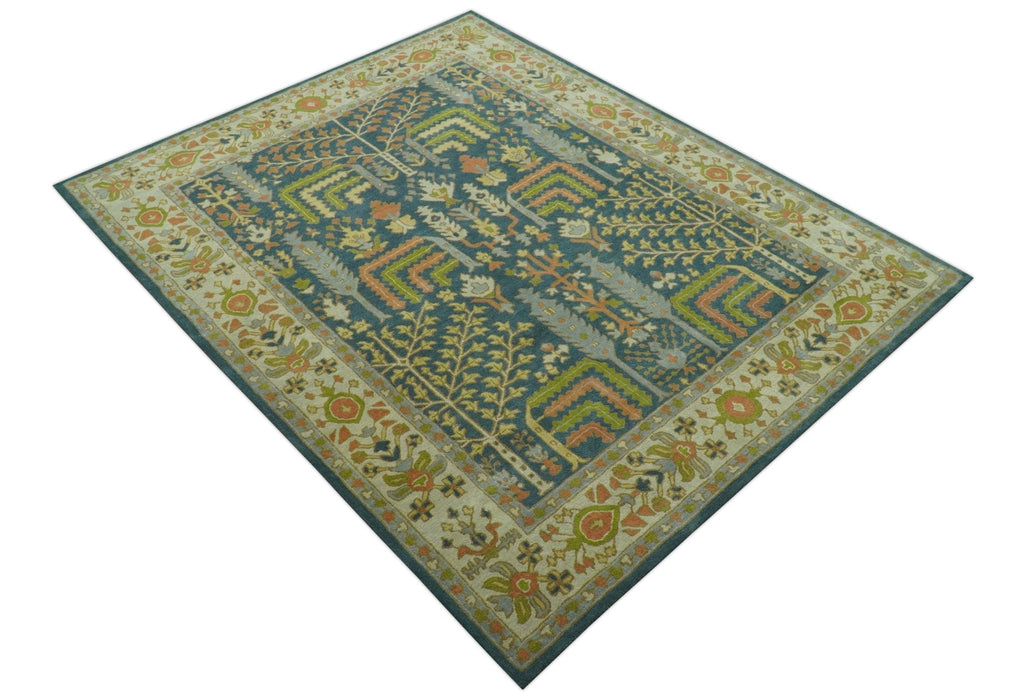 Custom Made Tree of Life Beige And Teal Floral Design Hand Tufted  Wool Area Rug