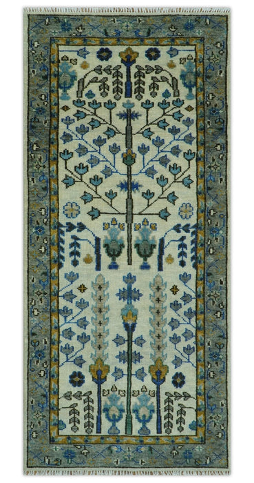 Custom Made Tree of life Hand Knotted Antique Ivory, Blue and Gray Wool area Rug