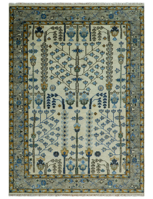 Custom Made Tree of life Hand Knotted Antique Ivory, Blue and Gray Wool area Rug