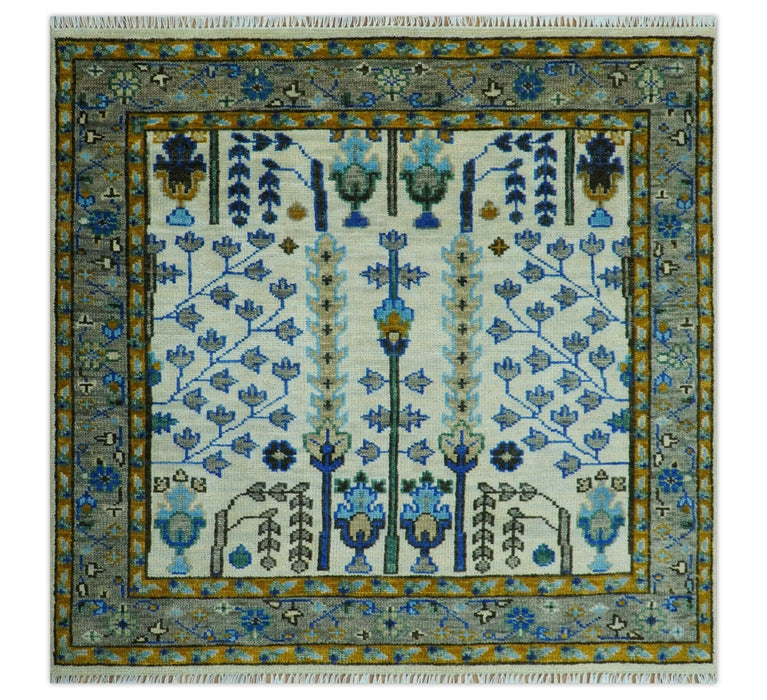 Custom Made Tree of life Hand Knotted Antique Ivory, Blue and Gray Wool area Rug