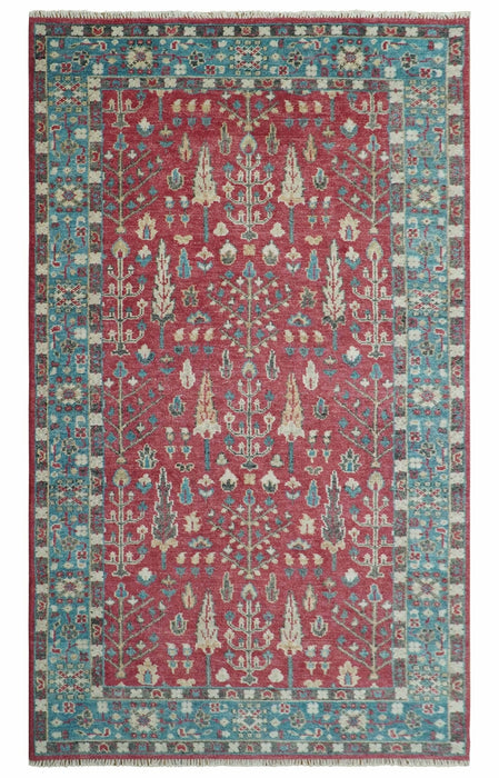 Custom Made Tree of Life Hand Knotted Maroon and Blue Traditional Wool area Rug