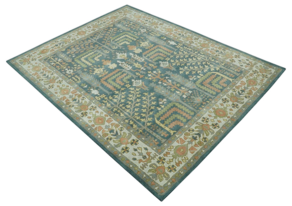 Custom Made Tree of life Traditional Teal, Silver, Green and Dark Peach wool Rug