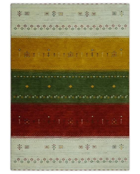 Custom Made Tribal Gabbeh Ivory, Gold, Green and Maroon Geometrical Stripes Design Wool area Rug