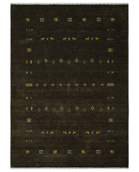 Custom Made Tribal look Greenish-Brown Traditional Hand loom Wool Area Rug