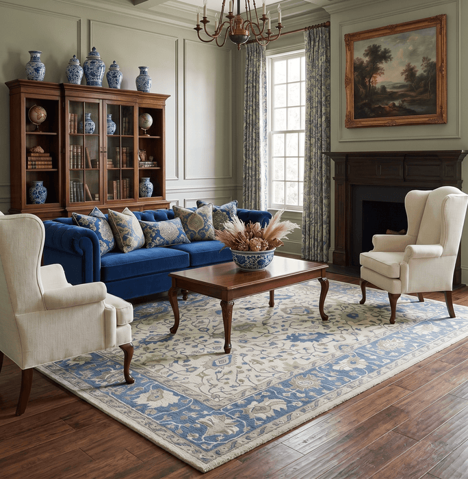 Custom Made Tufted Beige and Blue Traditional Wool Oushak Rug