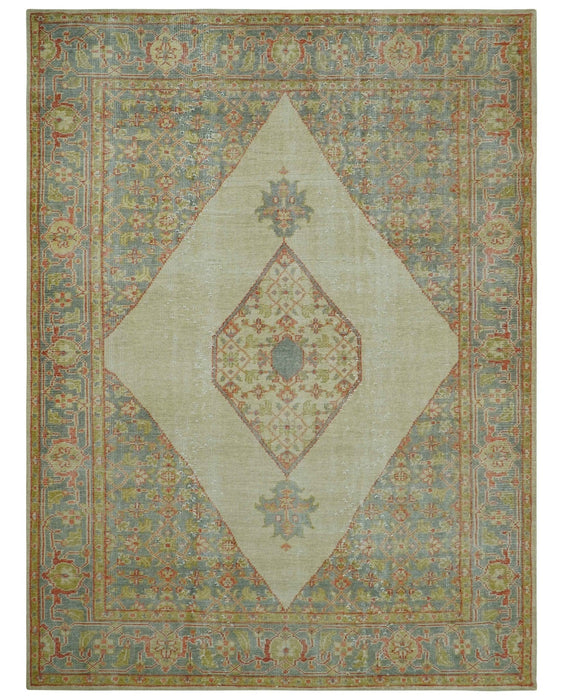 Custom Made Turkish Design Beige and Blue Hand Knotted Wool Rug