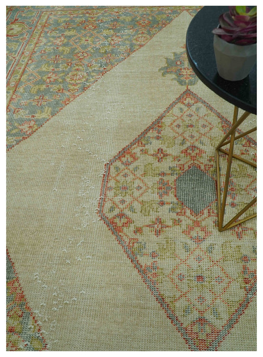 Custom Made Turkish Design Beige and Blue Hand Knotted Wool Rug