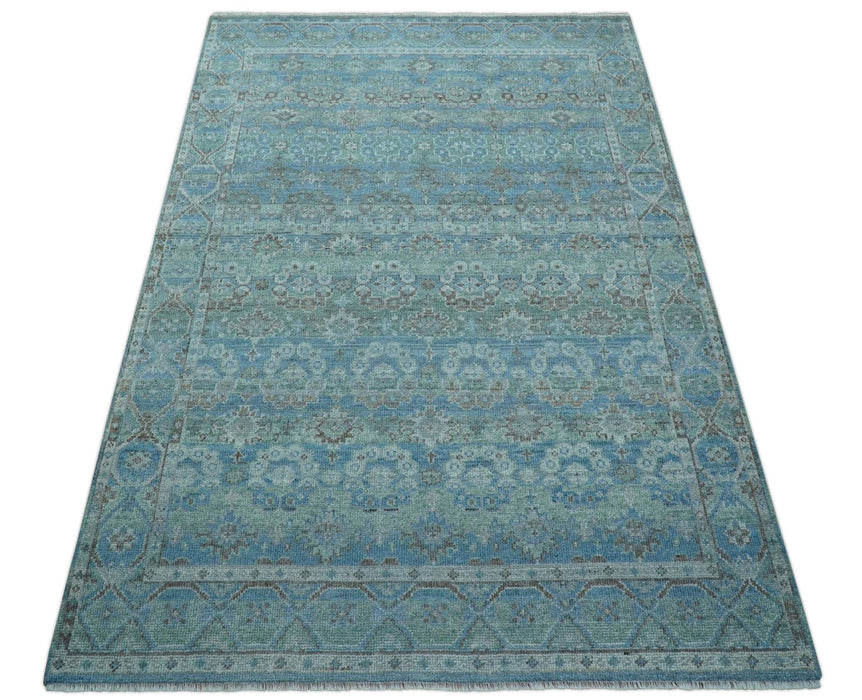 Custom Made Turkish Design Blue And Gray Hand Knotted Afghan Wool Area Rug