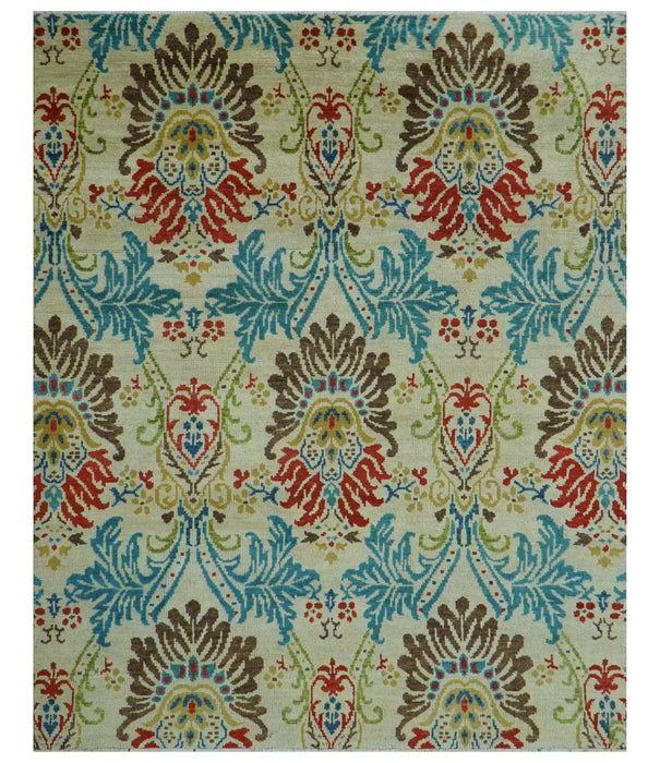 Custom Made Vintage Floral Ikat Design Beige And Blue Hand Knotted Wool Rug