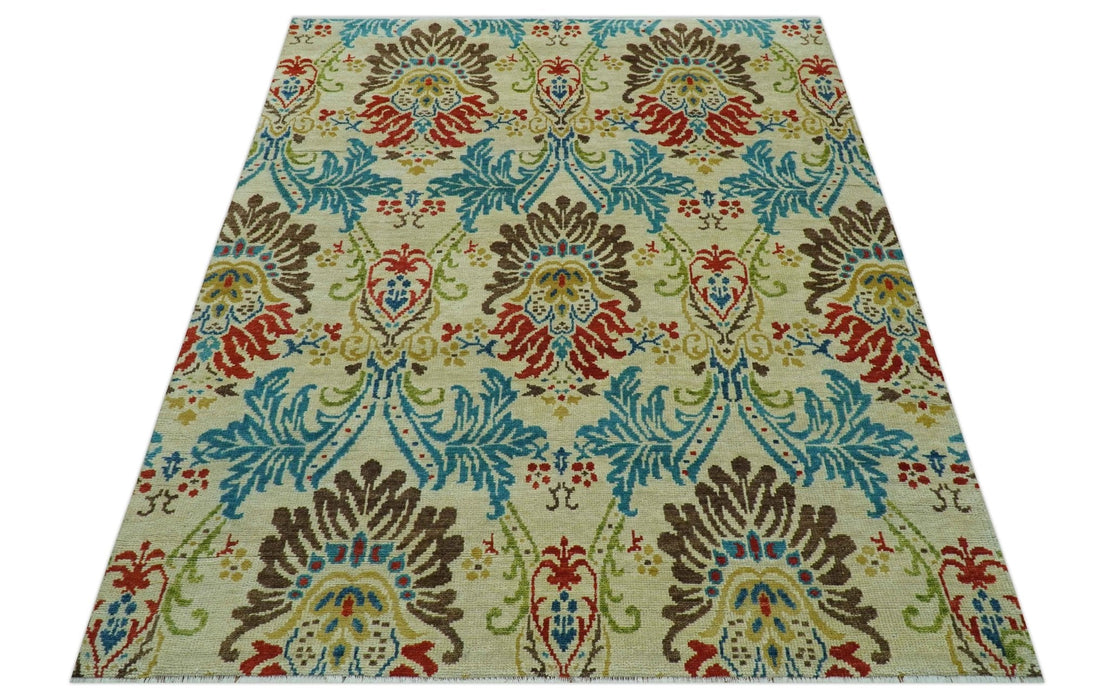 Custom Made Vintage Floral Ikat Design Beige And Blue Hand Knotted Wool Rug