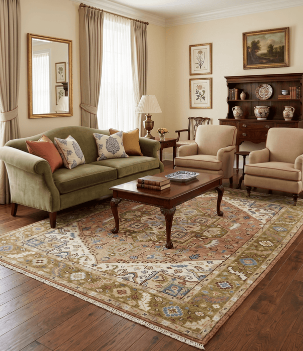 Custom Made Vintage Style Olive, Rust and Ivory Hand knotted Traditional wool Area Rug