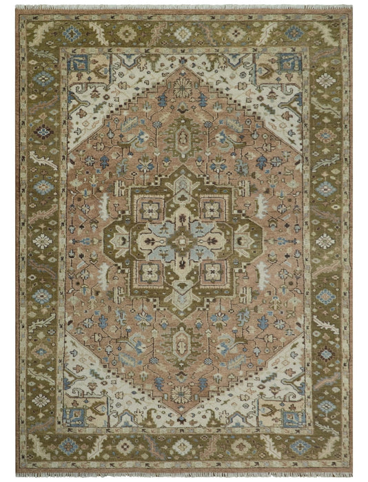 Custom Made Vintage Style Olive, Rust and Ivory Hand knotted Traditional wool Area Rug