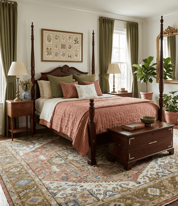 Custom Made Vintage Style Olive, Rust and Ivory Hand knotted Traditional wool Area Rug