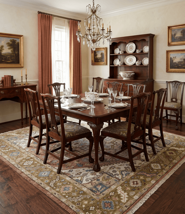Custom Made Vintage Style Olive, Rust and Ivory Hand knotted Traditional wool Area Rug