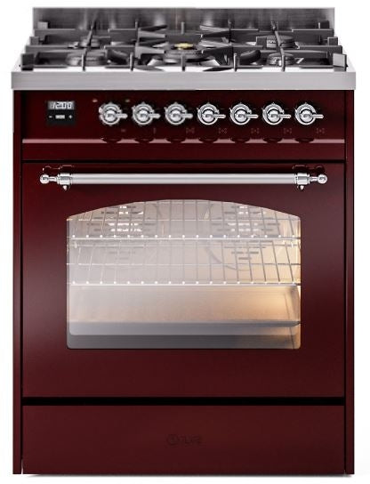 ILVE Nostalgie II 30" Dual Fuel Natural Gas Range in Burgundy with Chrome Trim, UP30NMPBUC