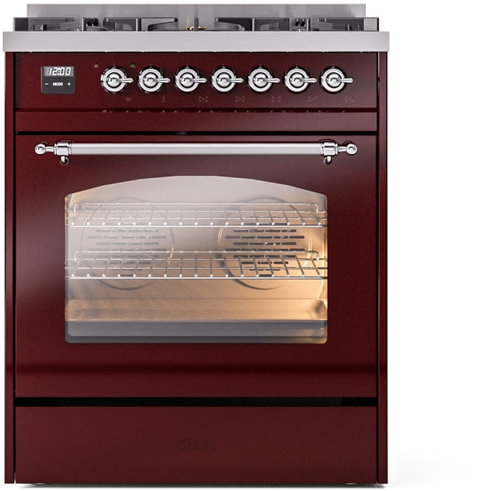 ILVE Nostalgie II 30" Dual Fuel Natural Gas Range in Burgundy with Chrome Trim, UP30NMPBUC