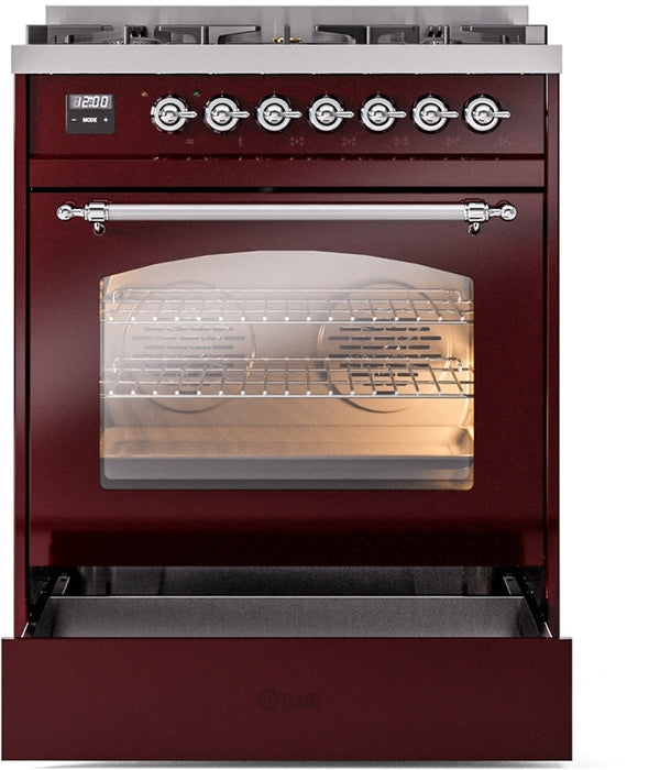 ILVE Nostalgie II 30" Dual Fuel Natural Gas Range in Burgundy with Chrome Trim, UP30NMPBUC