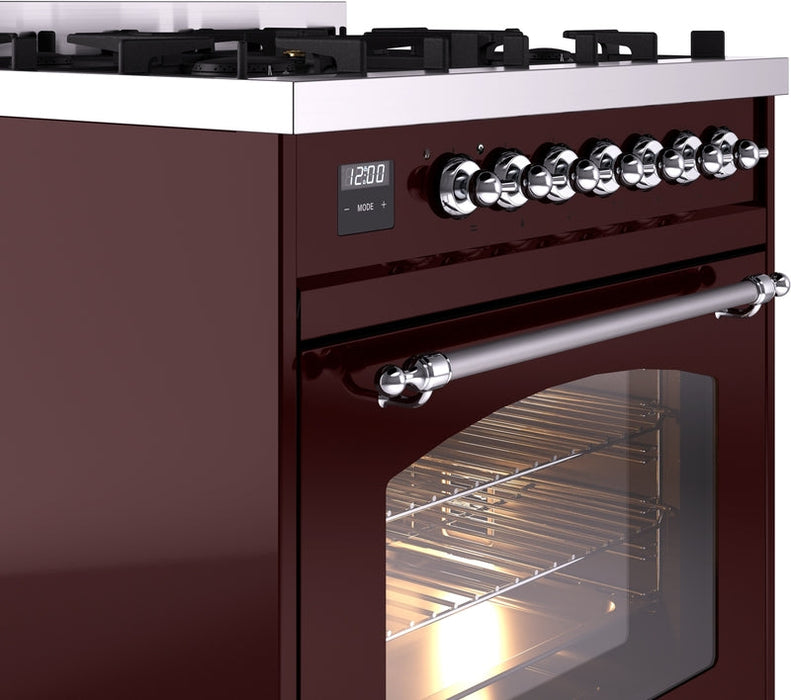 ILVE Nostalgie II 30" Dual Fuel Natural Gas Range in Burgundy with Chrome Trim, UP30NMPBUC