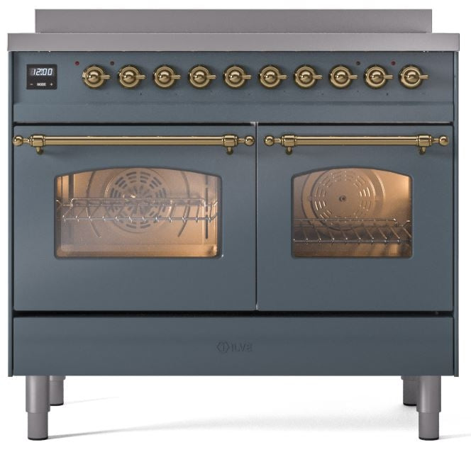 ILVE Nostalgie II 40" Induction Range with Element Stove and Electric Oven in Blue Grey with Brass Trim, UPDI406NMPBGG