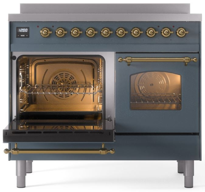 ILVE Nostalgie II 40" Induction Range with Element Stove and Electric Oven in Blue Grey with Brass Trim, UPDI406NMPBGG