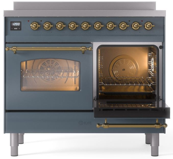 ILVE Nostalgie II 40" Induction Range with Element Stove and Electric Oven in Blue Grey with Brass Trim, UPDI406NMPBGG