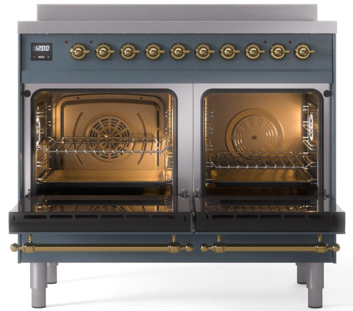 ILVE Nostalgie II 40" Induction Range with Element Stove and Electric Oven in Blue Grey with Brass Trim, UPDI406NMPBGG