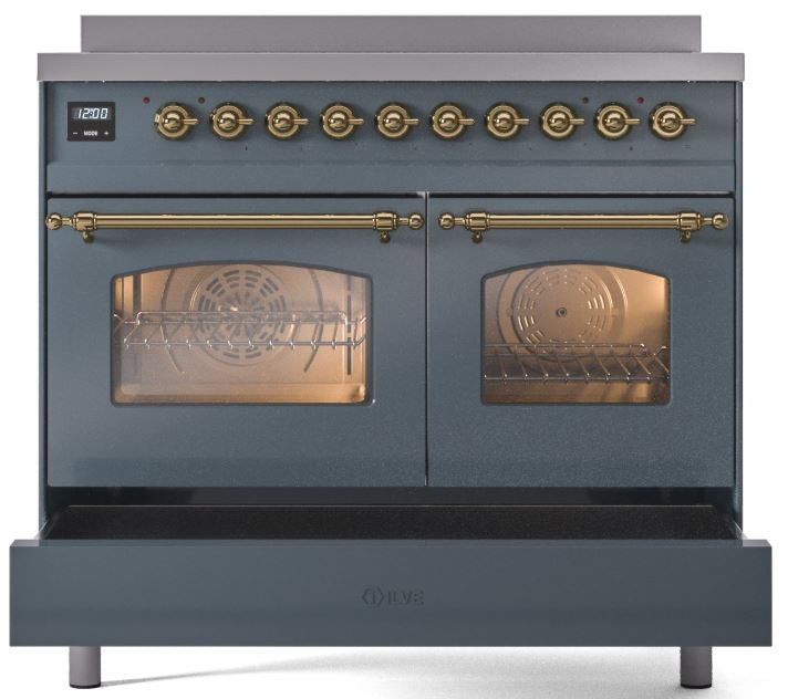 ILVE Nostalgie II 40" Induction Range with Element Stove and Electric Oven in Blue Grey with Brass Trim, UPDI406NMPBGG