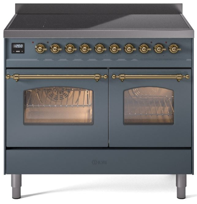 ILVE Nostalgie II 40" Induction Range with Element Stove and Electric Oven in Blue Grey with Brass Trim, UPDI406NMPBGG