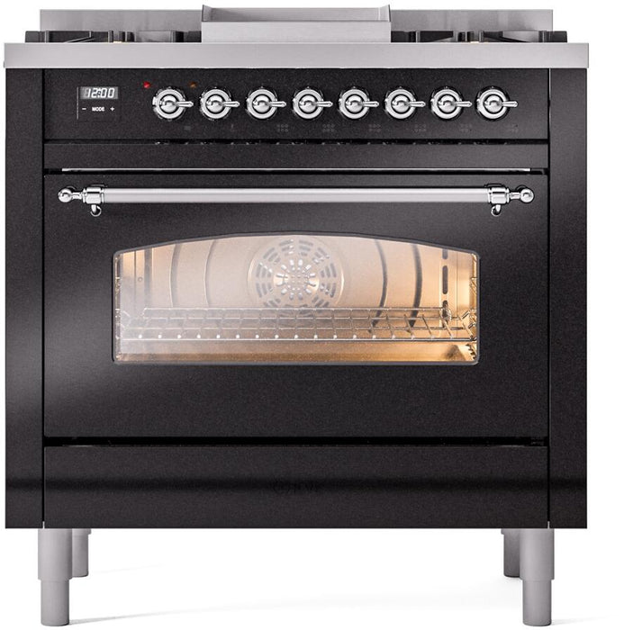 ILVE Nostalgie II 36" Dual Fuel Propane Gas Range in Glossy Black with Chrome Trim, UP36FNMPBKCLP