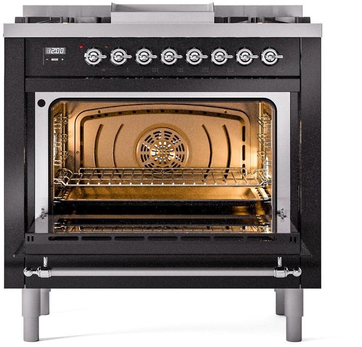 ILVE Nostalgie II 36" Dual Fuel Natural Gas Range in Glossy Black with Chrome Trim, UP36FNMPBKC