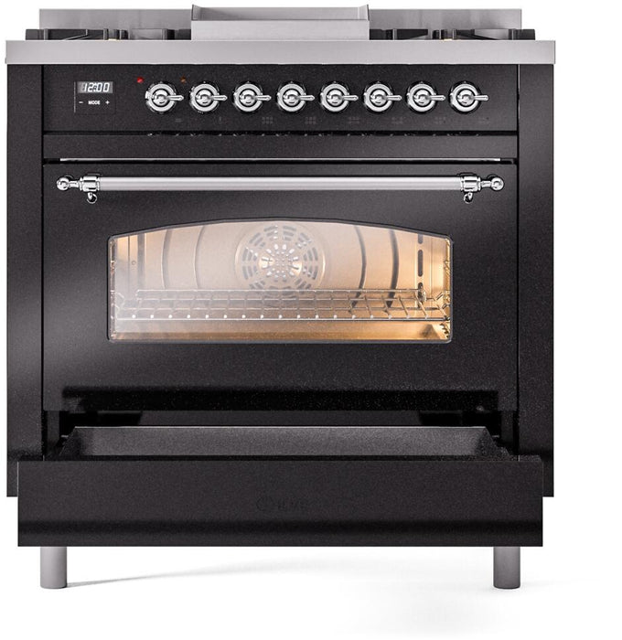 ILVE Nostalgie II 36" Dual Fuel Propane Gas Range in Glossy Black with Chrome Trim, UP36FNMPBKCLP