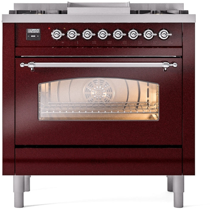 ILVE Nostalgie II 36" Dual Fuel Natural Gas Range in Burgundy with Chrome Trim, UP36FNMPBUC