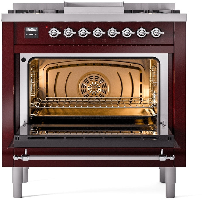 ILVE Nostalgie II 36" Dual Fuel Natural Gas Range in Burgundy with Chrome Trim, UP36FNMPBUC