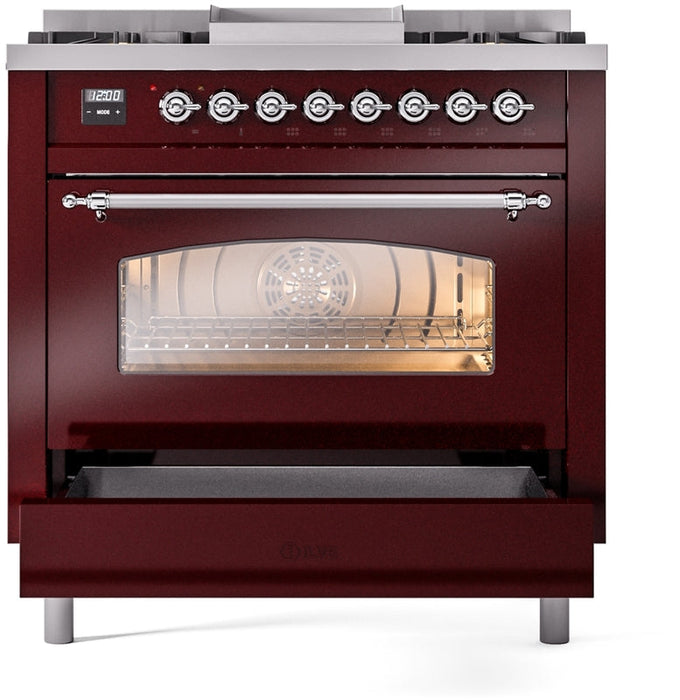 ILVE Nostalgie II 36" Dual Fuel Natural Gas Range in Burgundy with Chrome Trim, UP36FNMPBUC