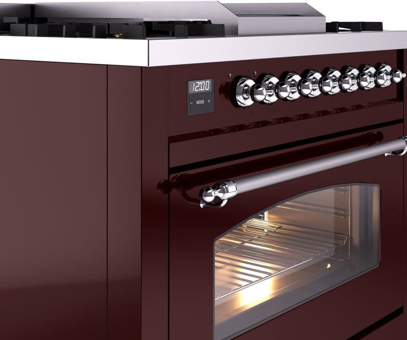 ILVE Nostalgie II 36" Dual Fuel Natural Gas Range in Burgundy with Chrome Trim, UP36FNMPBUC