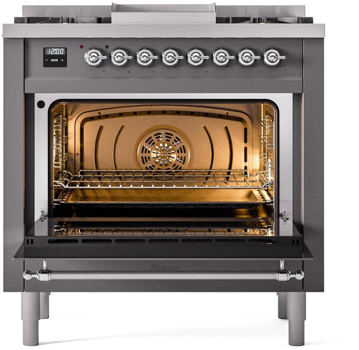 ILVE Nostalgie II 36" Dual Fuel Natural Gas Range in Matte Graphite with Chrome Trim, UP36FNMPMGC