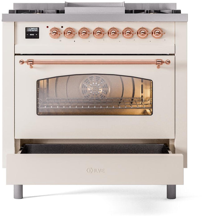 ILVE Nostalgie II 36" Dual Fuel Propane Gas Range in Antique White with Copper Trim, UP36FNMPAWPLP